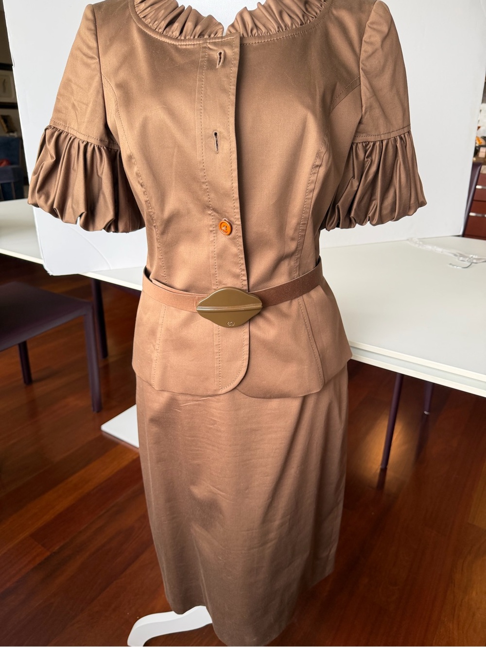 Escada Brown Ruffled Sleeve jacket and skirt Suit with Buckle Belt